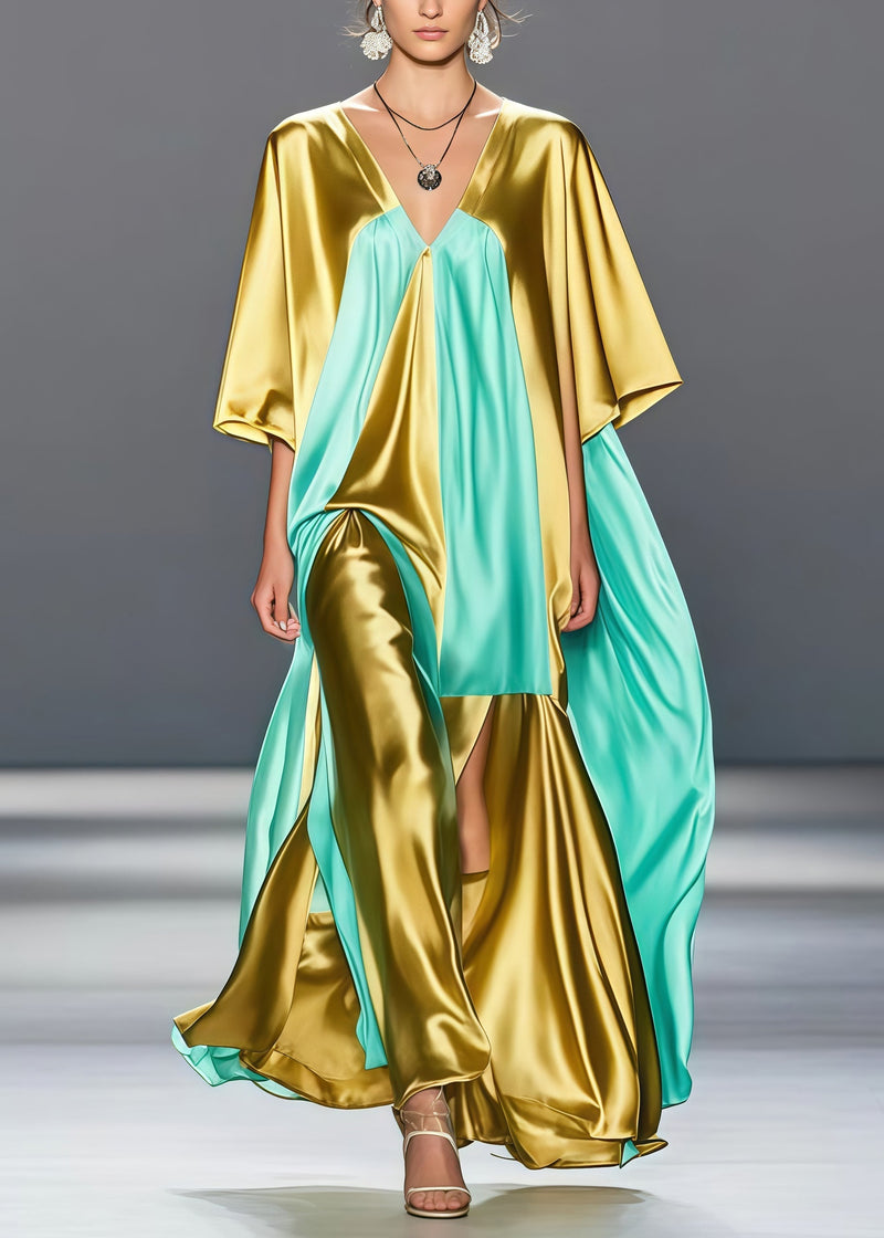 Golden V Neck Patchwork Side Open Silk Long Dress Summer