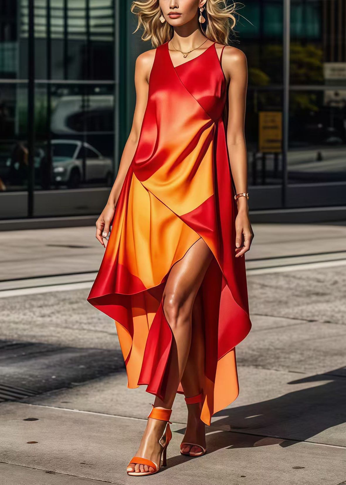 Gradient Color Asymmetrical Design Silk Long Dress Summer