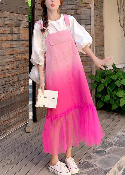 Gradient Color Pockets Tulle Patchwork Denim Strap Dress Sleeveless