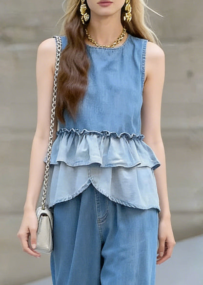 Gradient Color Ruffled Patchwork Denim Two Pieces Set Sleeveless