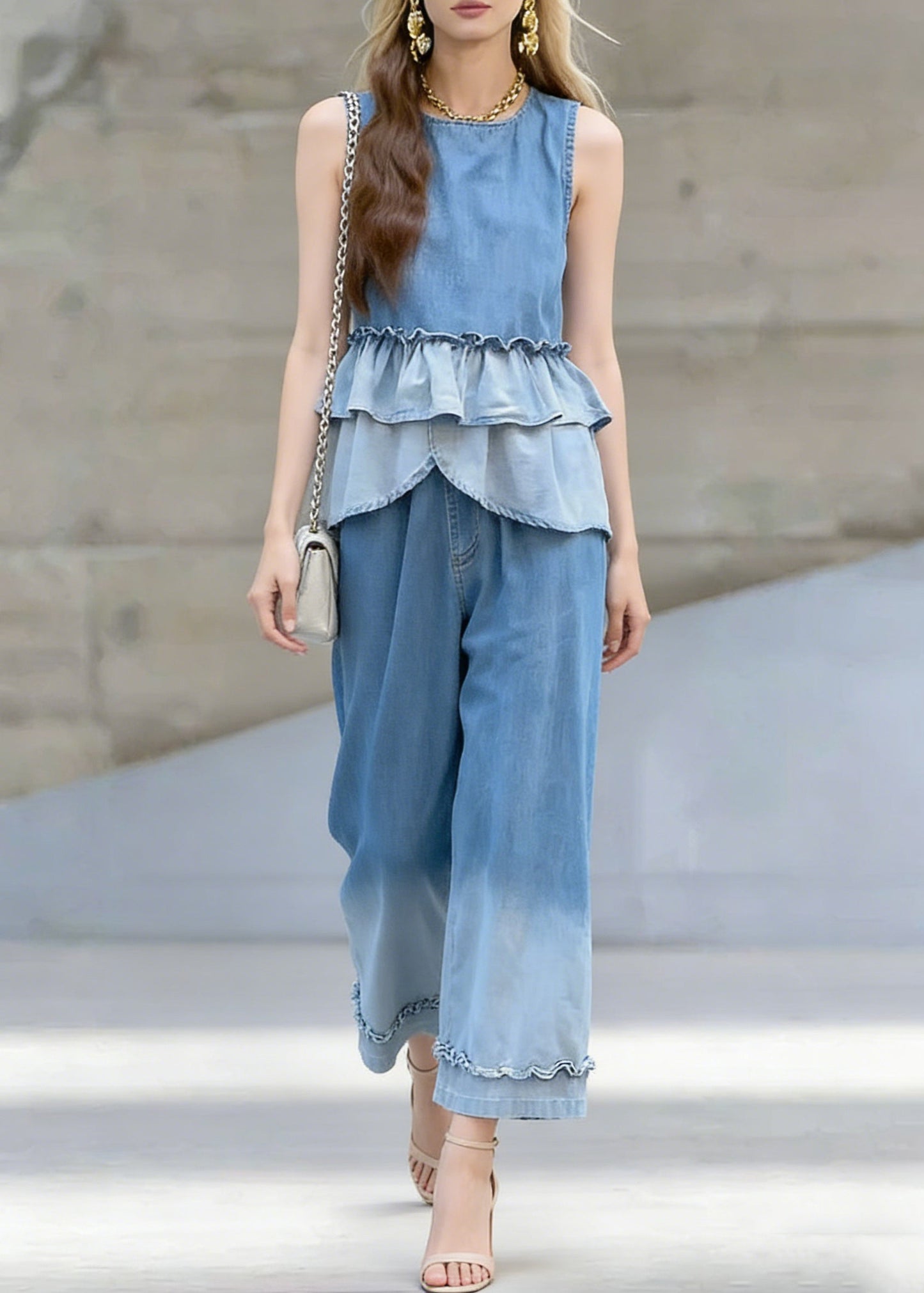 Gradient Color Ruffled Patchwork Denim Two Pieces Set Sleeveless