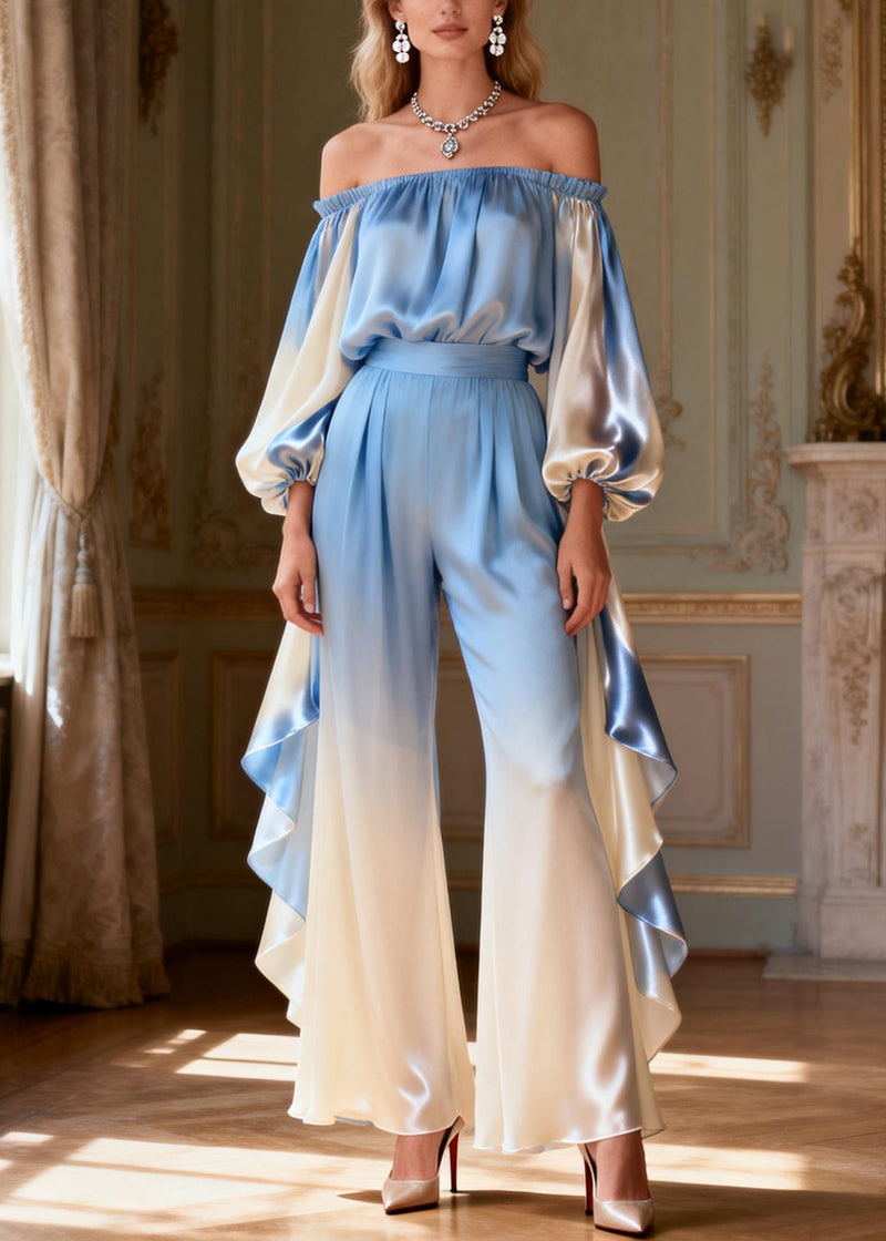 Gradient Color Slash Neck Ruffled Silk Two Piece Set Spring