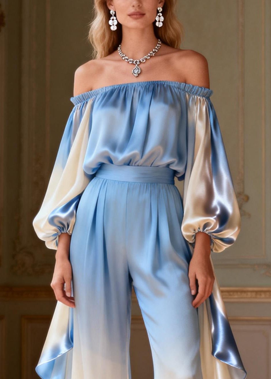 Gradient Color Slash Neck Ruffled Silk Two Piece Set Spring