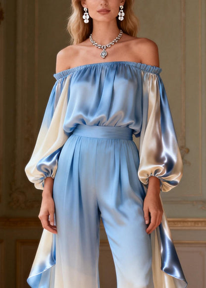 Gradient Color Slash Neck Ruffled Silk Two Piece Set Spring