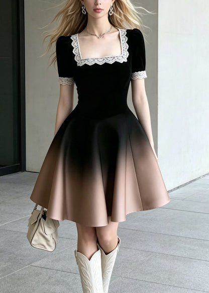 Gradient Color Square Collar Lace Patchwork Cotton Dress Summer