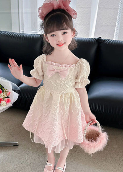 Gradient Pink Ruffled Patchwork Cotton Kids Dresses Summer
