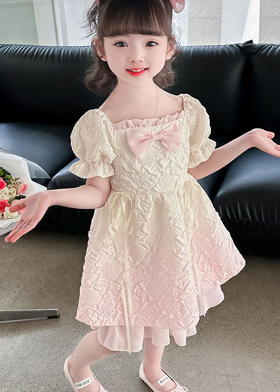 Gradient Pink Ruffled Patchwork Cotton Kids Dresses Summer