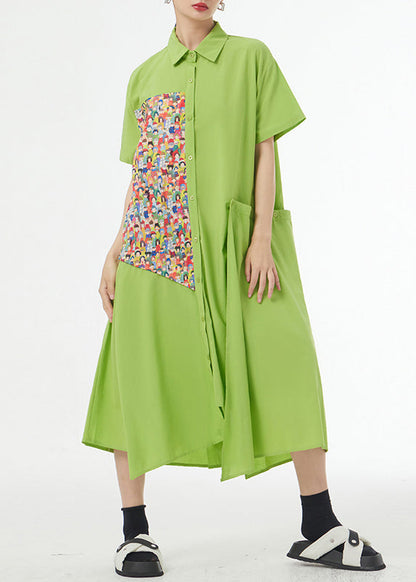 Grass Green Asymmetrical Button Patchwork Silk Cotton Shirts Dress Summer