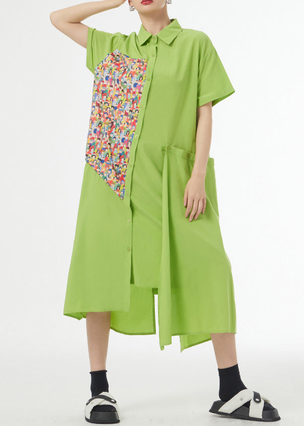 Grass Green Asymmetrical Button Patchwork Silk Cotton Shirts Dress Summer