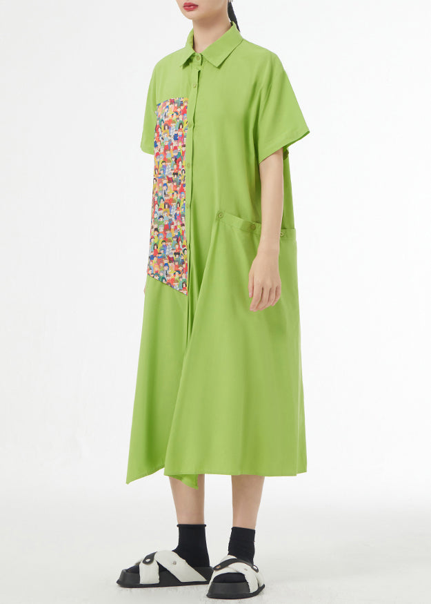 Grass Green Asymmetrical Button Patchwork Silk Cotton Shirts Dress Summer