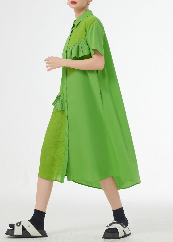 Grass Green Ruffled Button Patchwork Cotton Shirts Dress Summer