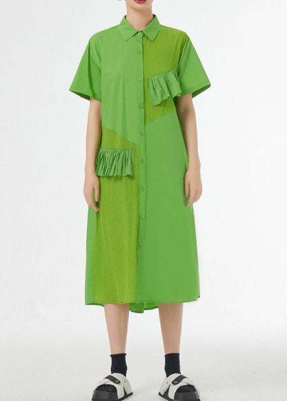 Grass Green Ruffled Button Patchwork Cotton Shirts Dress Summer