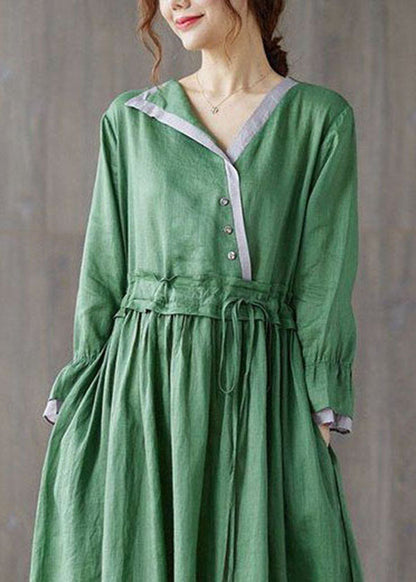 Green Asymmetrical Design Tie Waist Cotton Holiday Dress Spring