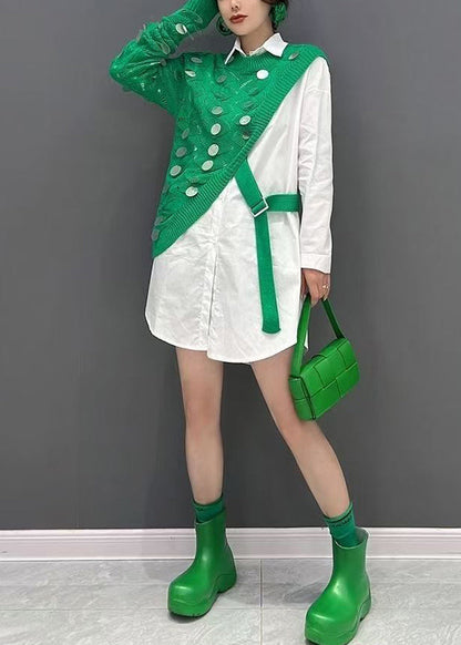Green Asymmetrical Knit Cotton Sweaters and Shirts Two Pieces Set Fall