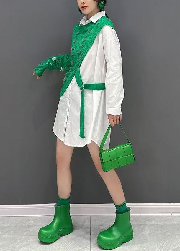Green Asymmetrical Knit Cotton Sweaters and Shirts Two Pieces Set Fall