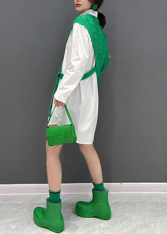 Green Asymmetrical Knit Cotton Sweaters and Shirts Two Pieces Set Fall