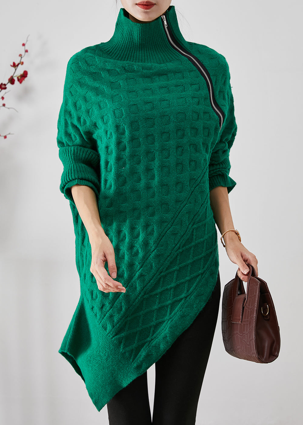 Green Asymmetrical Zippered Knit Short Sweater Fall