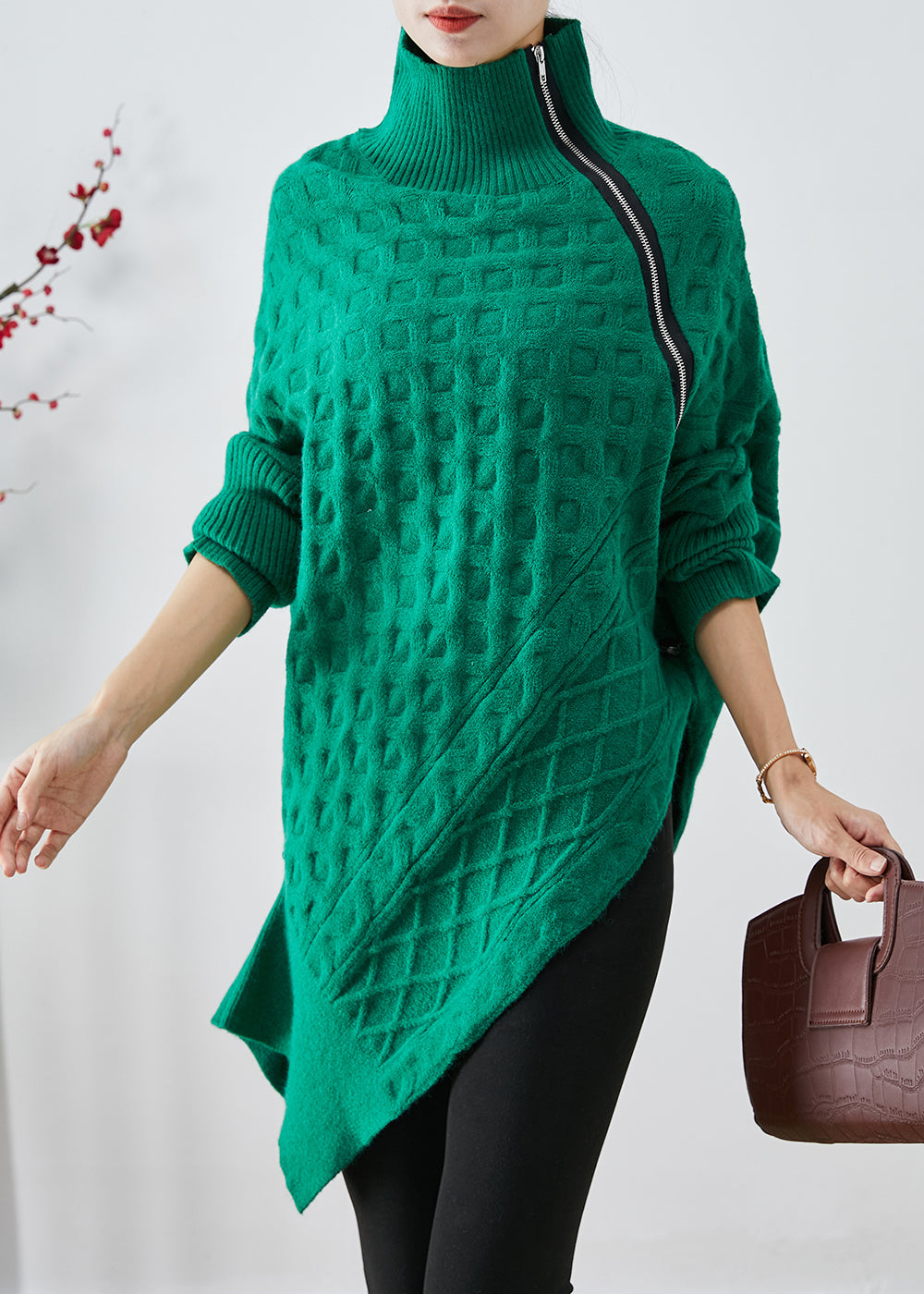 Green Asymmetrical Zippered Knit Short Sweater Fall