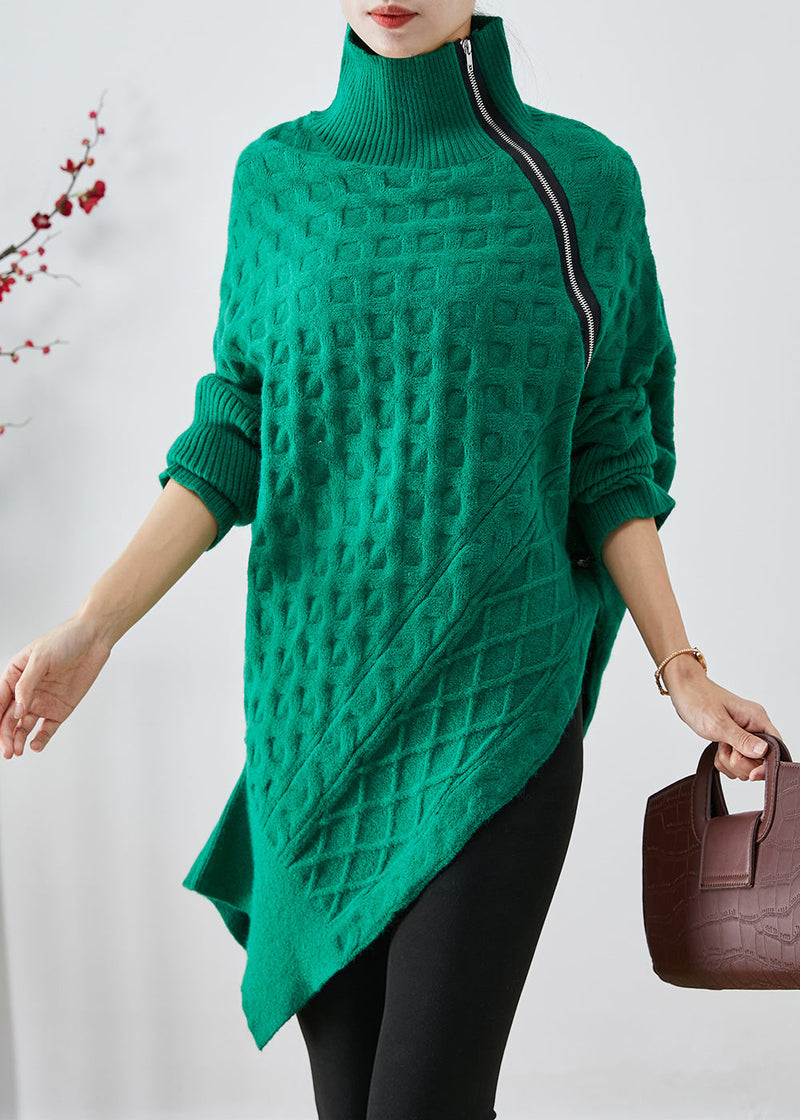 Green Asymmetrical Zippered Knit Short Sweater Fall