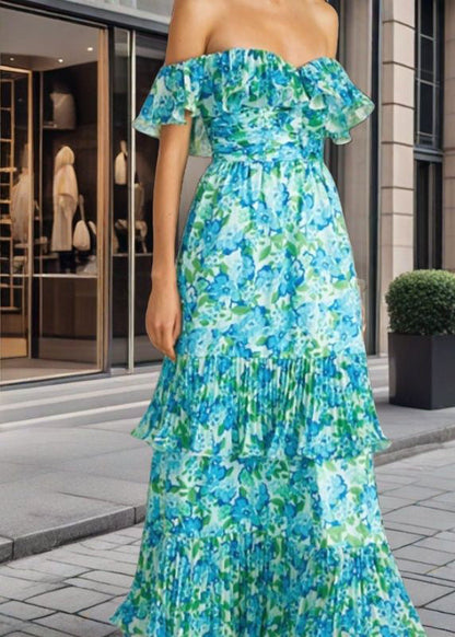 Green Cold Shoulder Ruffled Print Chiffon Vacation Dresses Summer