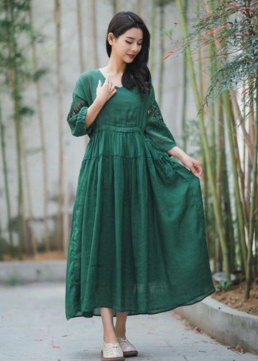 Green Embroideried Hollow Out Patchwork Linen Dresses Summer