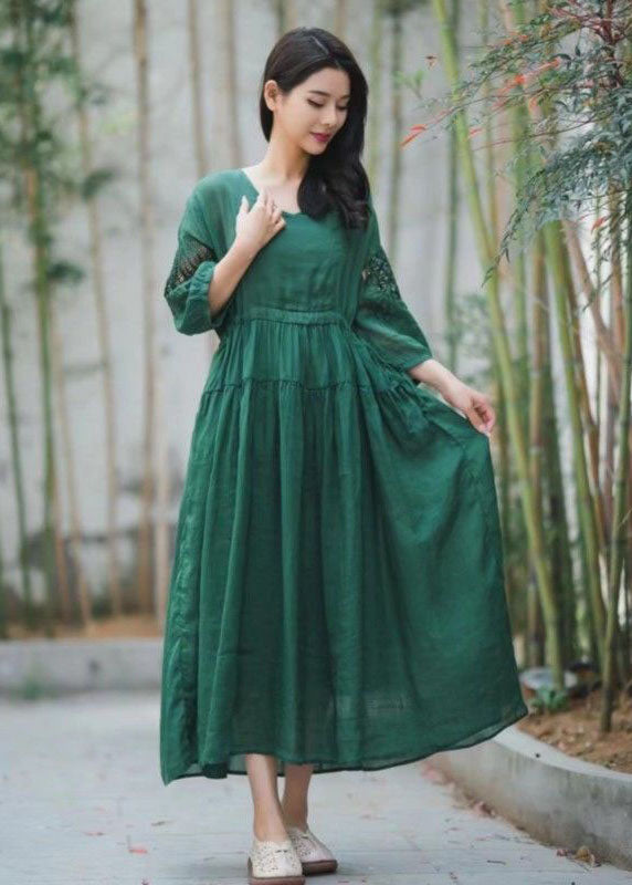 Green Embroideried Hollow Out Patchwork Linen Dresses Summer