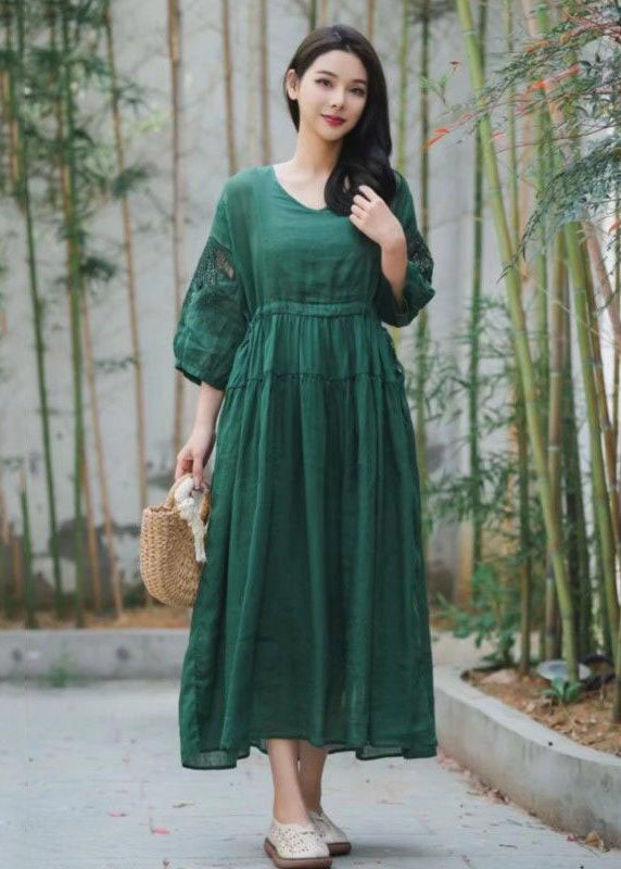 Green Embroideried Hollow Out Patchwork Linen Dresses Summer