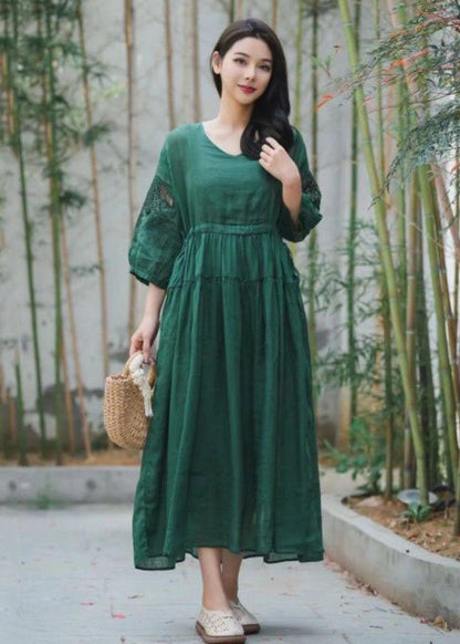Green Embroideried Hollow Out Patchwork Linen Dresses Summer