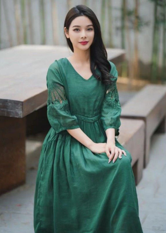 Green Embroideried Hollow Out Patchwork Linen Dresses Summer