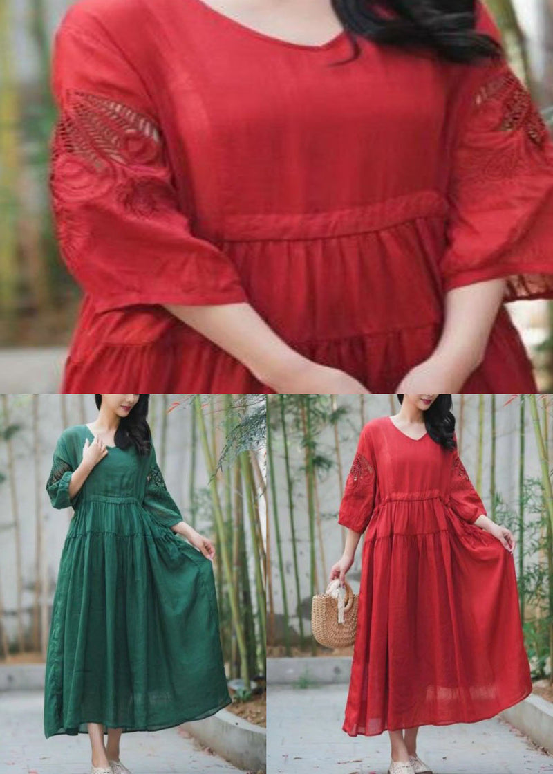 Green Embroideried Hollow Out Patchwork Linen Dresses Summer