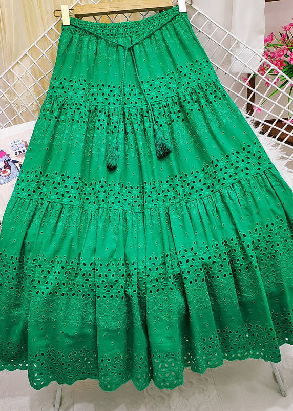 Green Embroideried Tasseled Hollow Out Cotton Skirt Summer