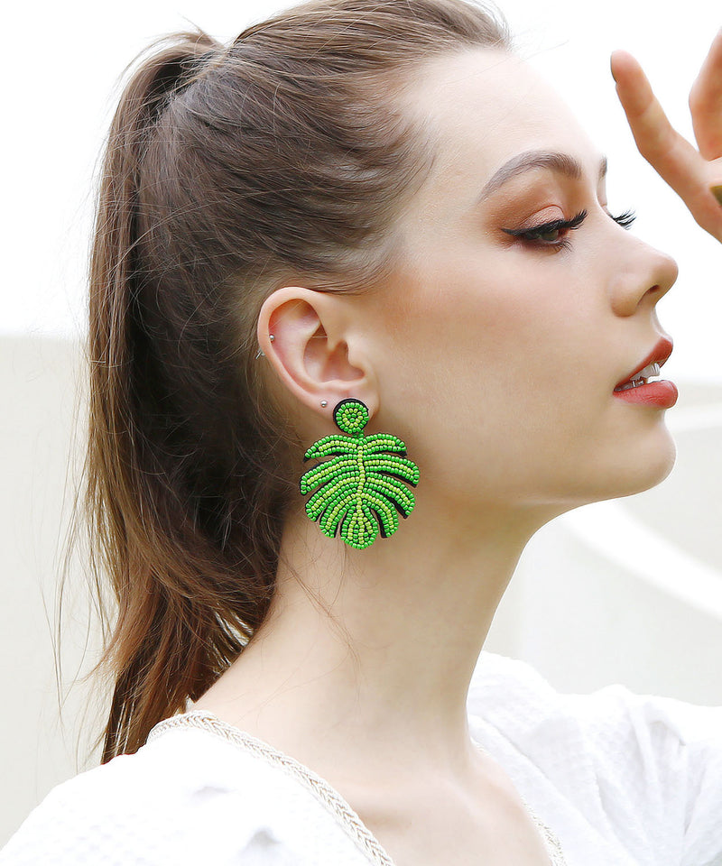 Green Handmade Beading Knit Fabric Tortoid Drop Earrings