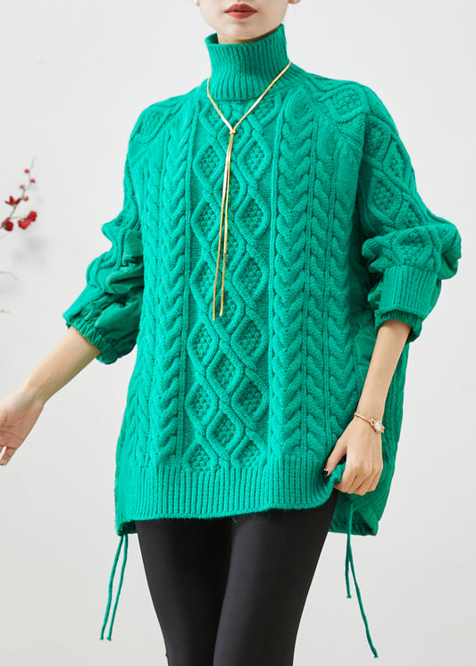 Green High Neck Thick Patchwork Knit Sweaters Winter