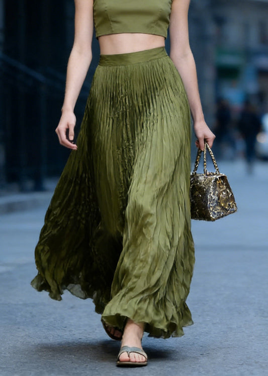 Green High Waist Wrinkled Chiffon Skirts Spring