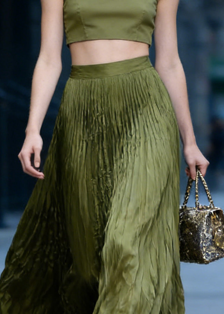 Green High Waist Wrinkled Chiffon Skirts Spring