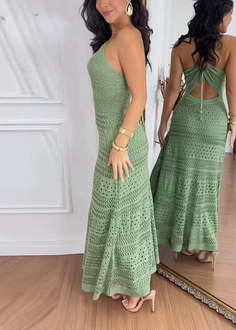 Green Hollow Out Cold Waist Knit Holiday Dress Summer