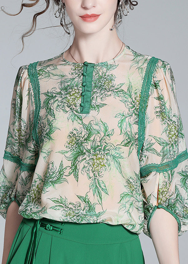 Green Lace Patchwork Button Silk Top Spring