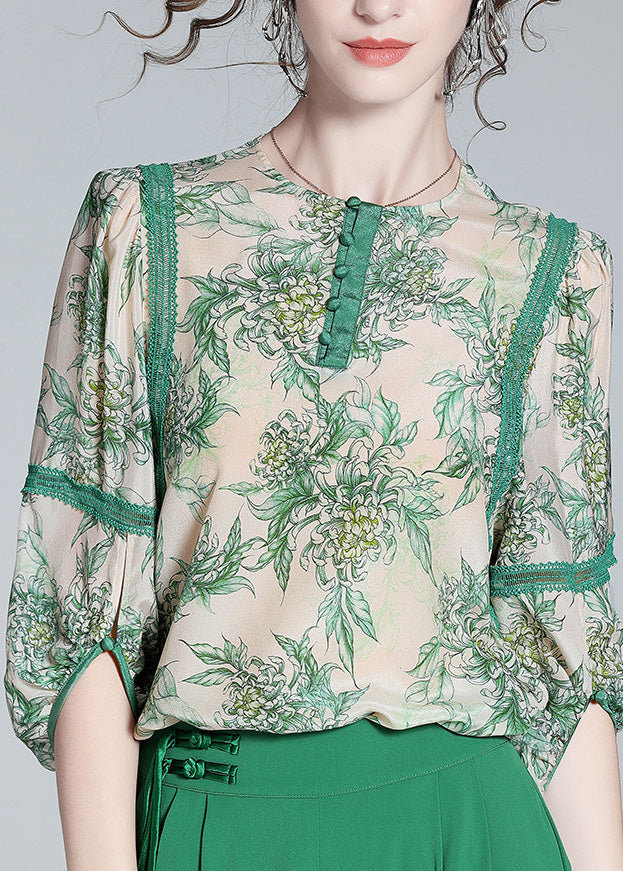 Green Lace Patchwork Button Silk Top Spring