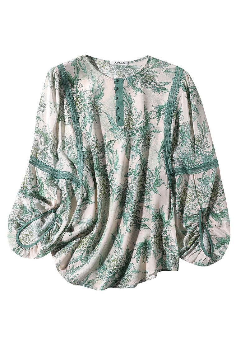 Green Lace Patchwork Button Silk Top Spring