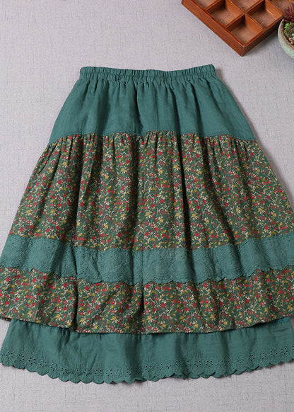 Green Lace Patchwork Print Skirts Winter