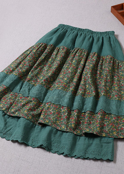 Green Lace Patchwork Print Skirts Winter