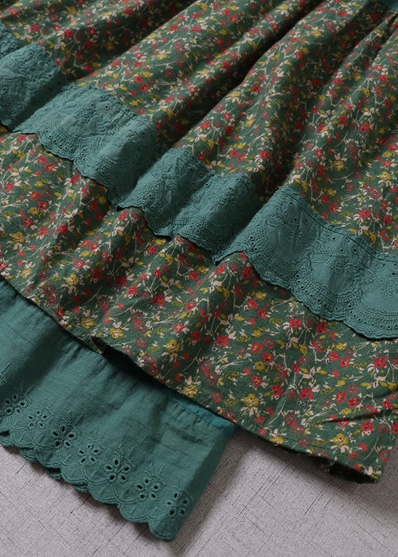 Green Lace Patchwork Print Skirts Winter