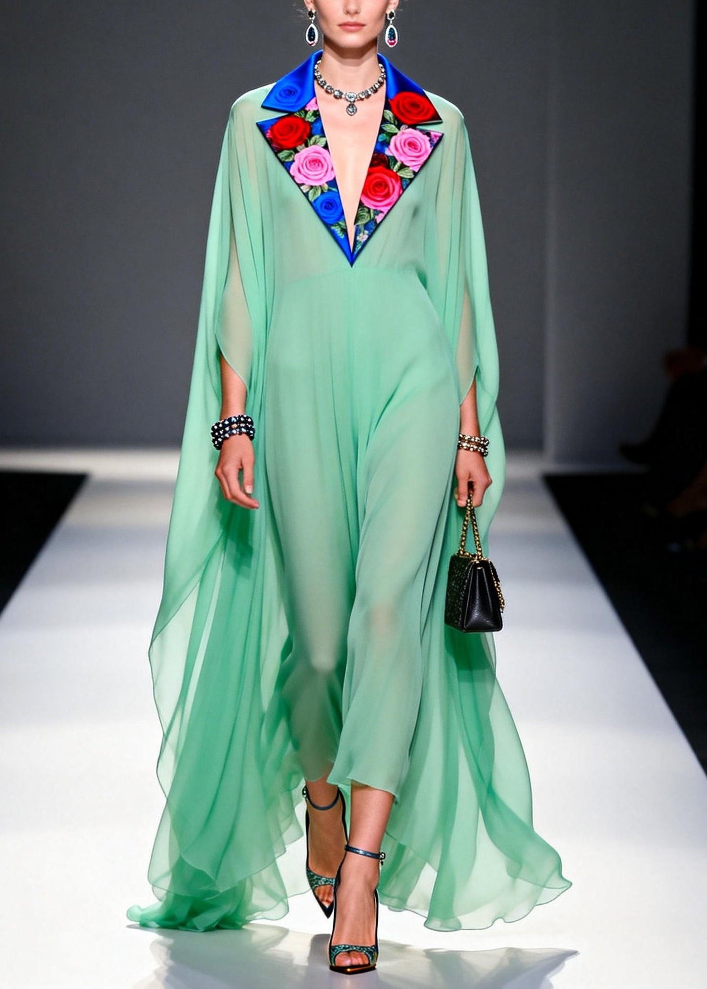 Green Notched Patchwork Exra Large Hem Chiffon Dress Summer