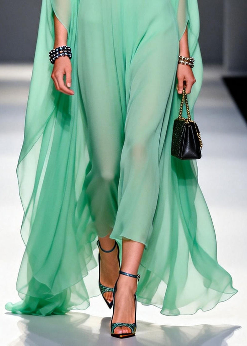 Green Notched Patchwork Exra Large Hem Chiffon Dress Summer