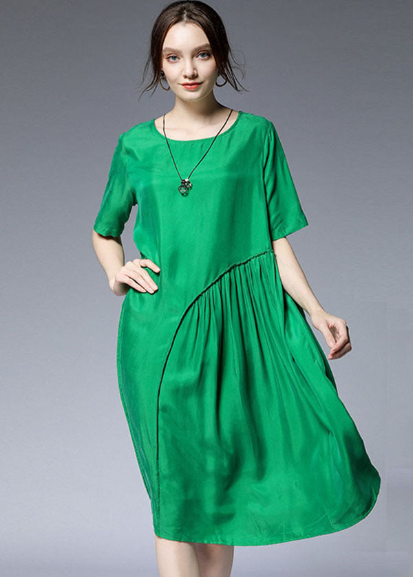 Green O-neck Asymmetrical Silk Holiday Dresses Short Sleeve