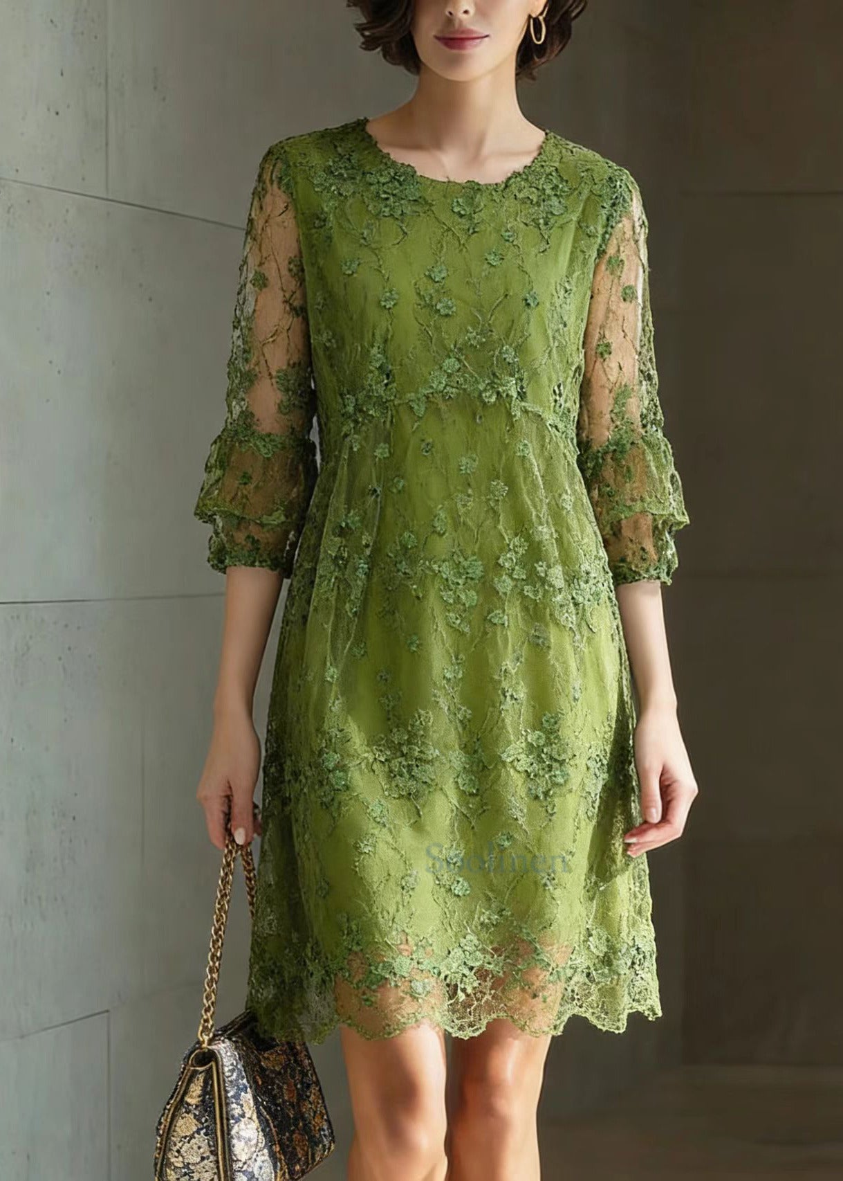 Green O Neck Embroidered Patchwork Tulle Mid Dress Summer