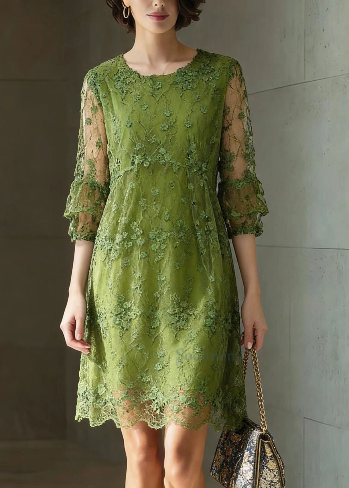 Green O Neck Embroidered Patchwork Tulle Mid Dress Summer