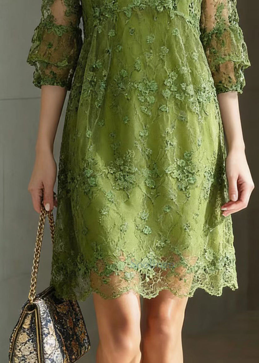 Green O Neck Embroidered Patchwork Tulle Mid Dress Summer