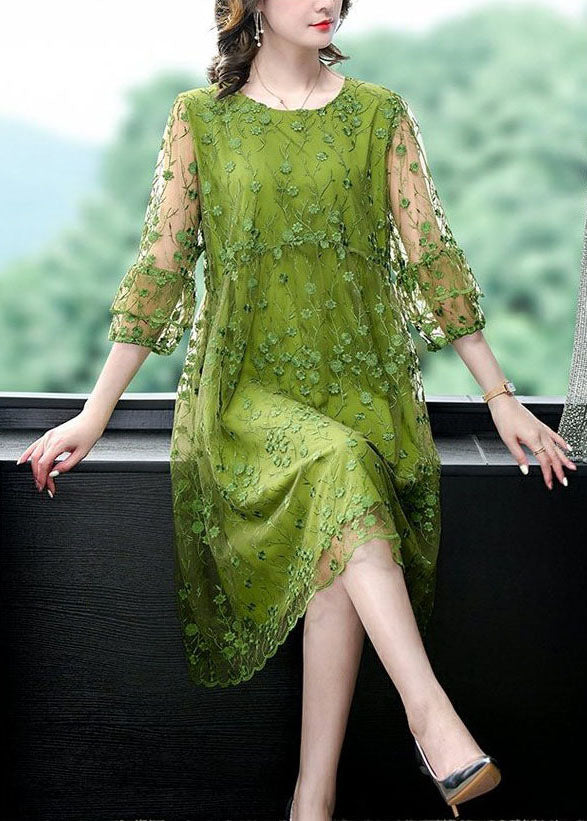 Green O Neck Embroidered Patchwork Tulle Mid Dress Summer