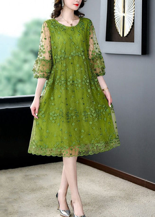 Green O Neck Embroidered Patchwork Tulle Mid Dress Summer